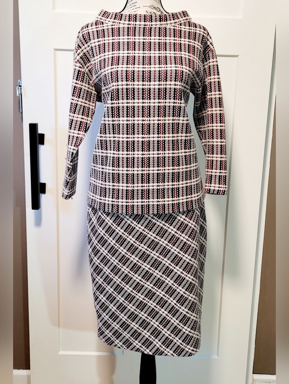 Ann Taylor Womens 2 Pc Pencil Skirt Set Stretch Sz 8 Plaid Blk Wht Red Academia